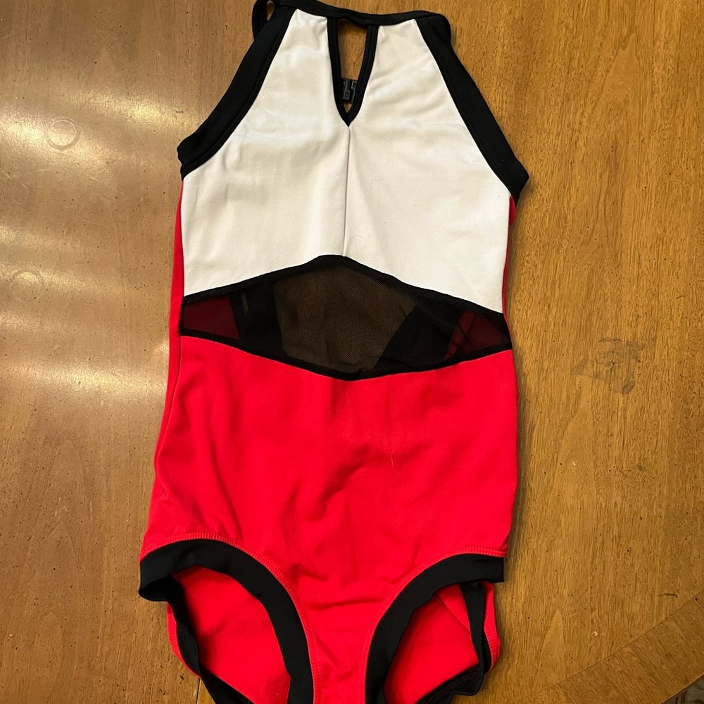 Five the label leotard. Red, black & white with mesh accents. Small adult. EUC.